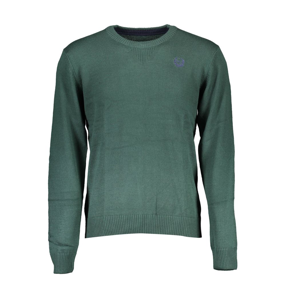 Gianmarco Venturi Green Cotton Sweater with crew-neck, long sleeves, embroidery, and contrasting details featuring logo