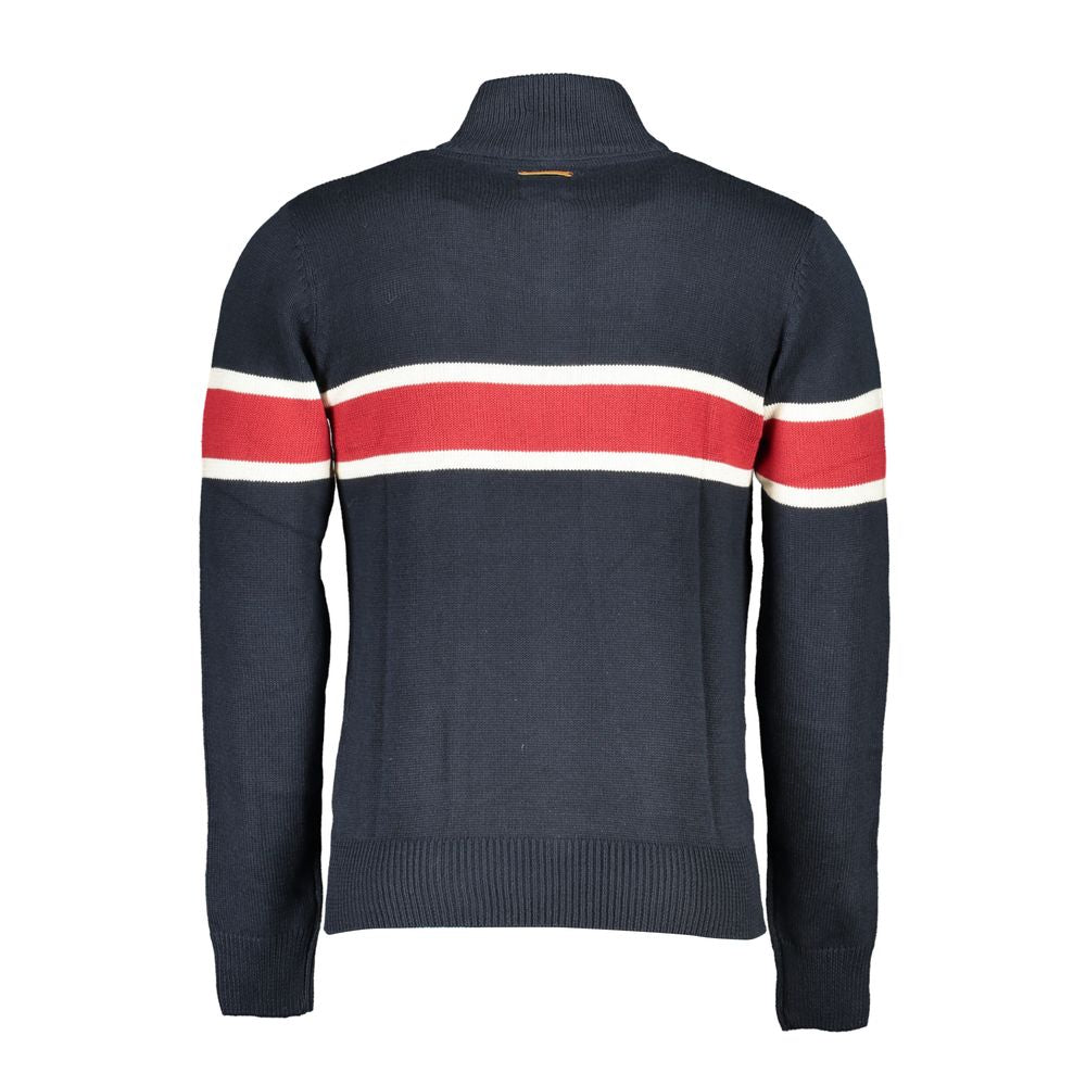 Gianmarco Venturi Blue Cotton Sweater with long sleeves, half zip, contrast details, and embroidered logo back view.