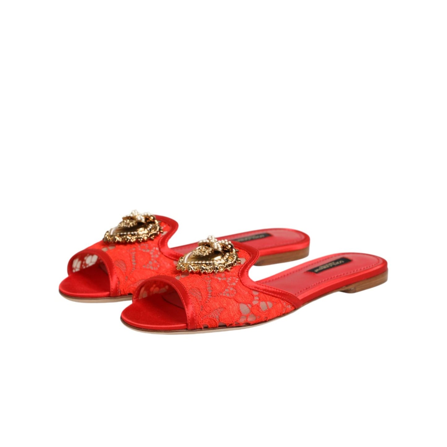 Dolce & Gabbana Red Devotion Lace Flats Slip On Sandals Shoes