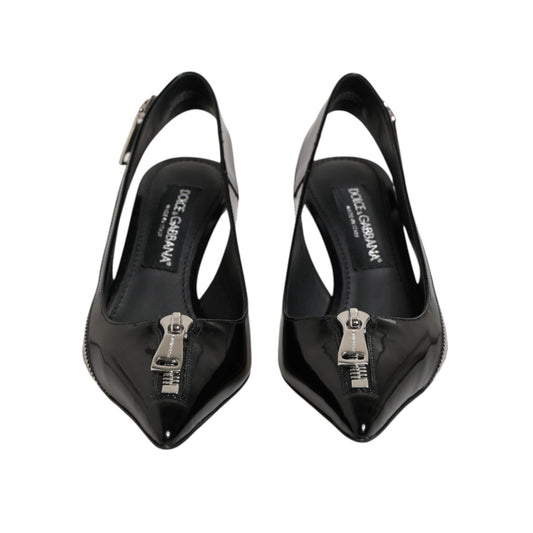 Dolce & Gabbana Black Zipper Leather Heels Slingbacks Shoes