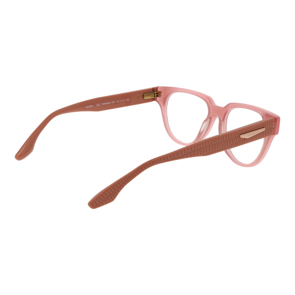 Trussardi Pink Acetate Glasses (Frames) with full-rim rose acetate frame and spring hinge, shown with branded case and demo lenses.