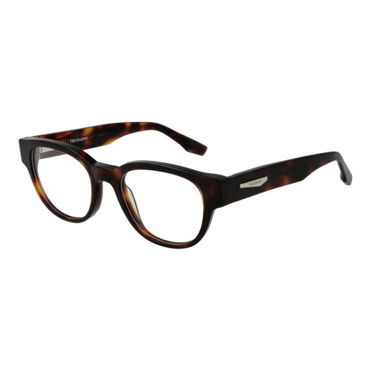 Trussardi Brown Acetate Glasses (Frames) for men with full-rim panto style, demo lenses and spring hinge feature.