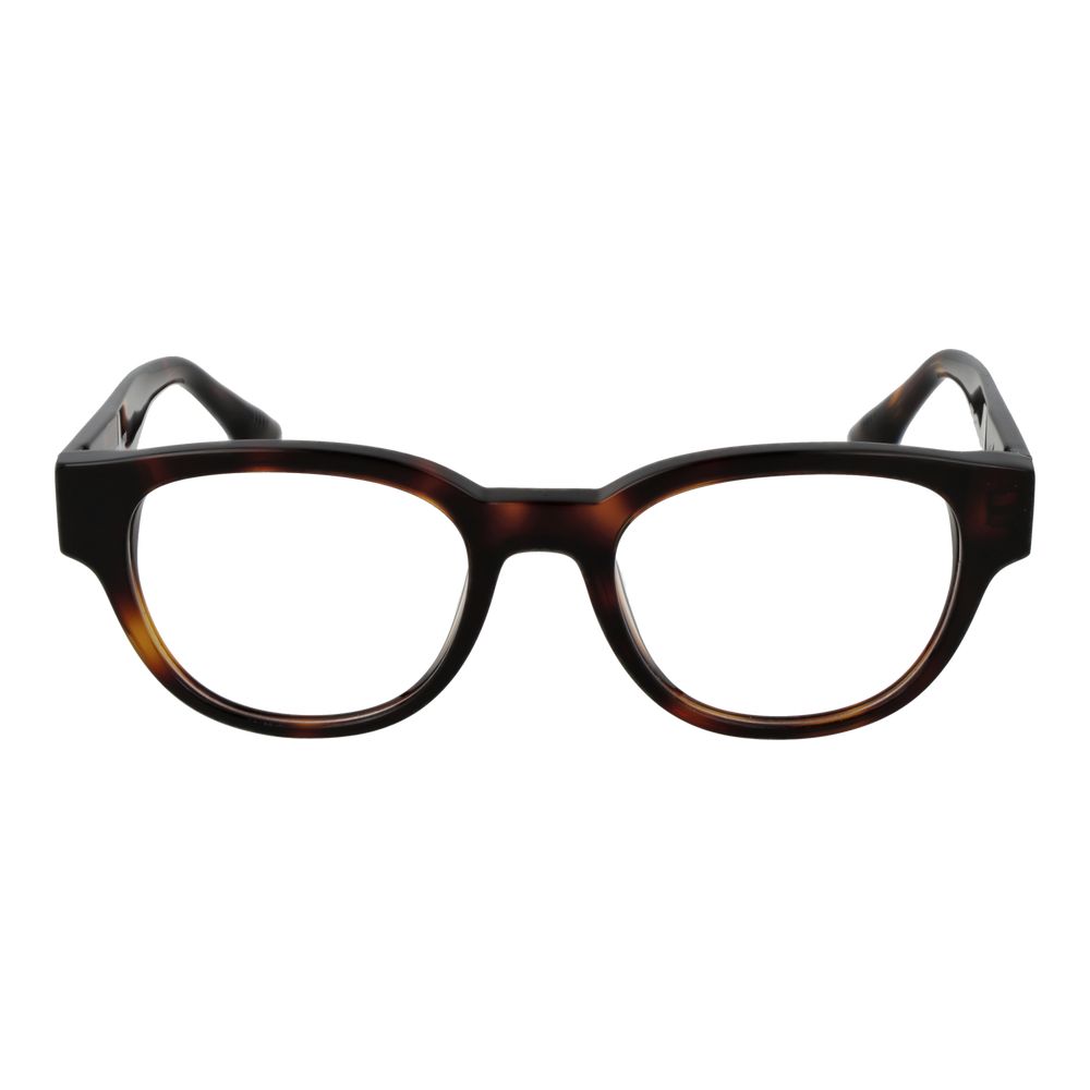 Trussardi Brown Acetate Glasses (Frames) in full-rim style with panto design, demo lenses, and spring hinge for men.