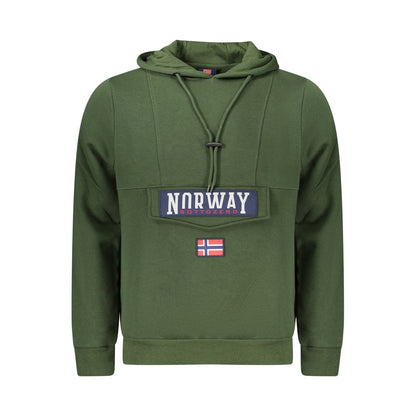Norway 1963 Green Cotton Sweatshirt with hood, central pocket, applique, logo, zip, Velcro closure. Long-sleeved design.