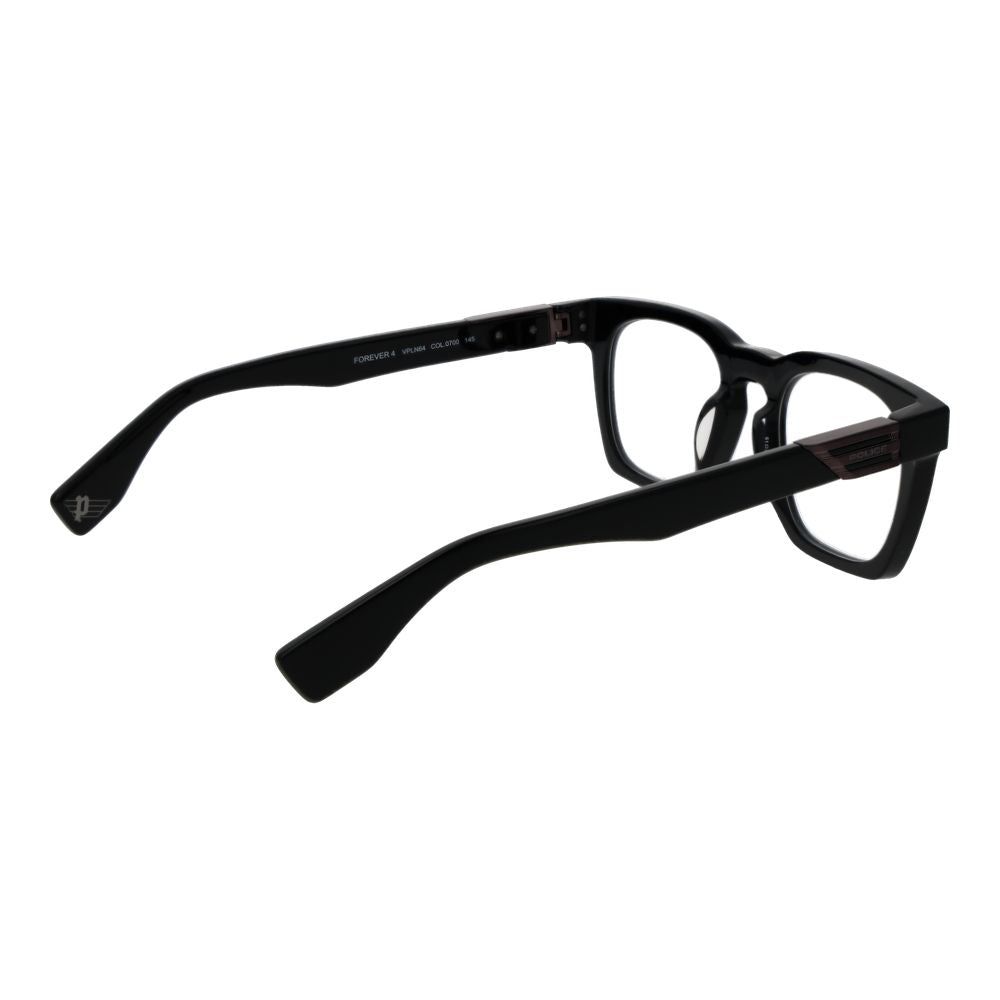Police Black Cellulose Acetate Glasses (Frames) for men, full-rim square style, black frame, demo lenses, size 51-22-145, no spring hinge.