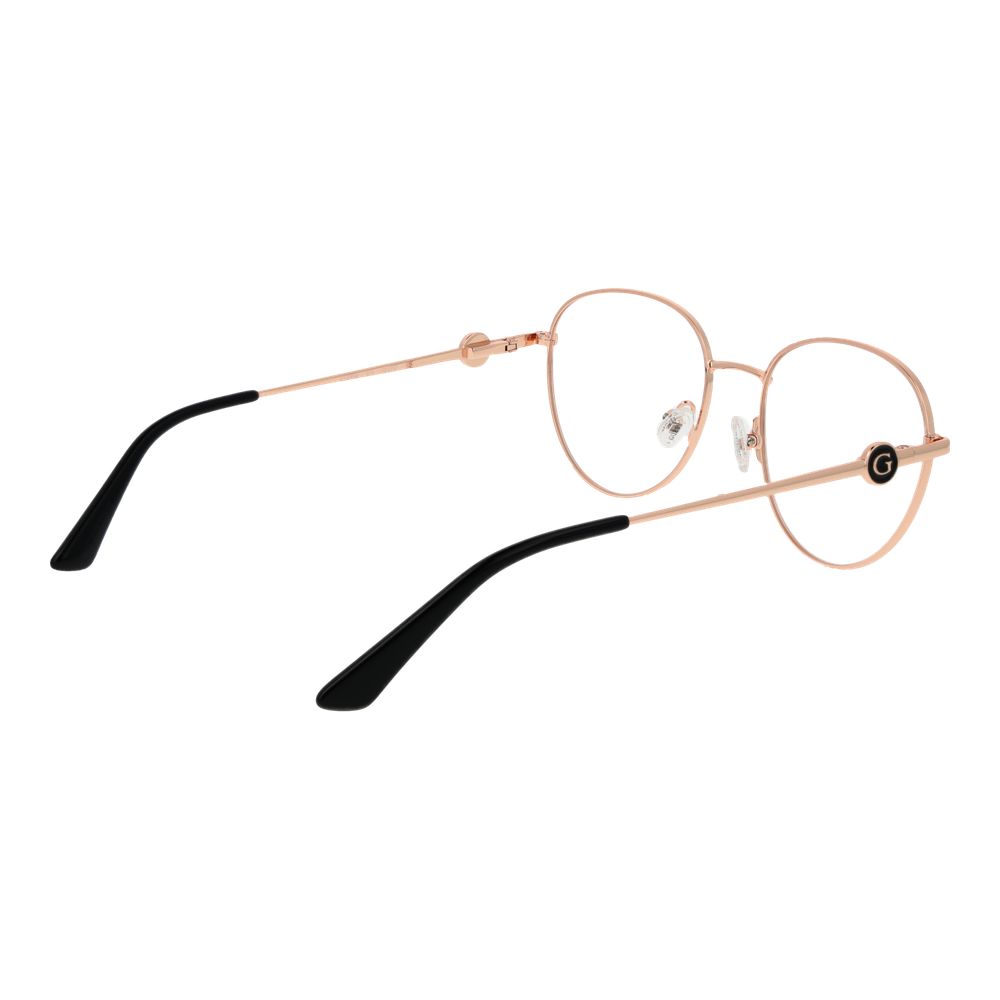 Guess Rose Gold Metal Glasses (Frames) for women, full-rim metal frame with demo lenses, featuring panto style and spring hinge, included case.
