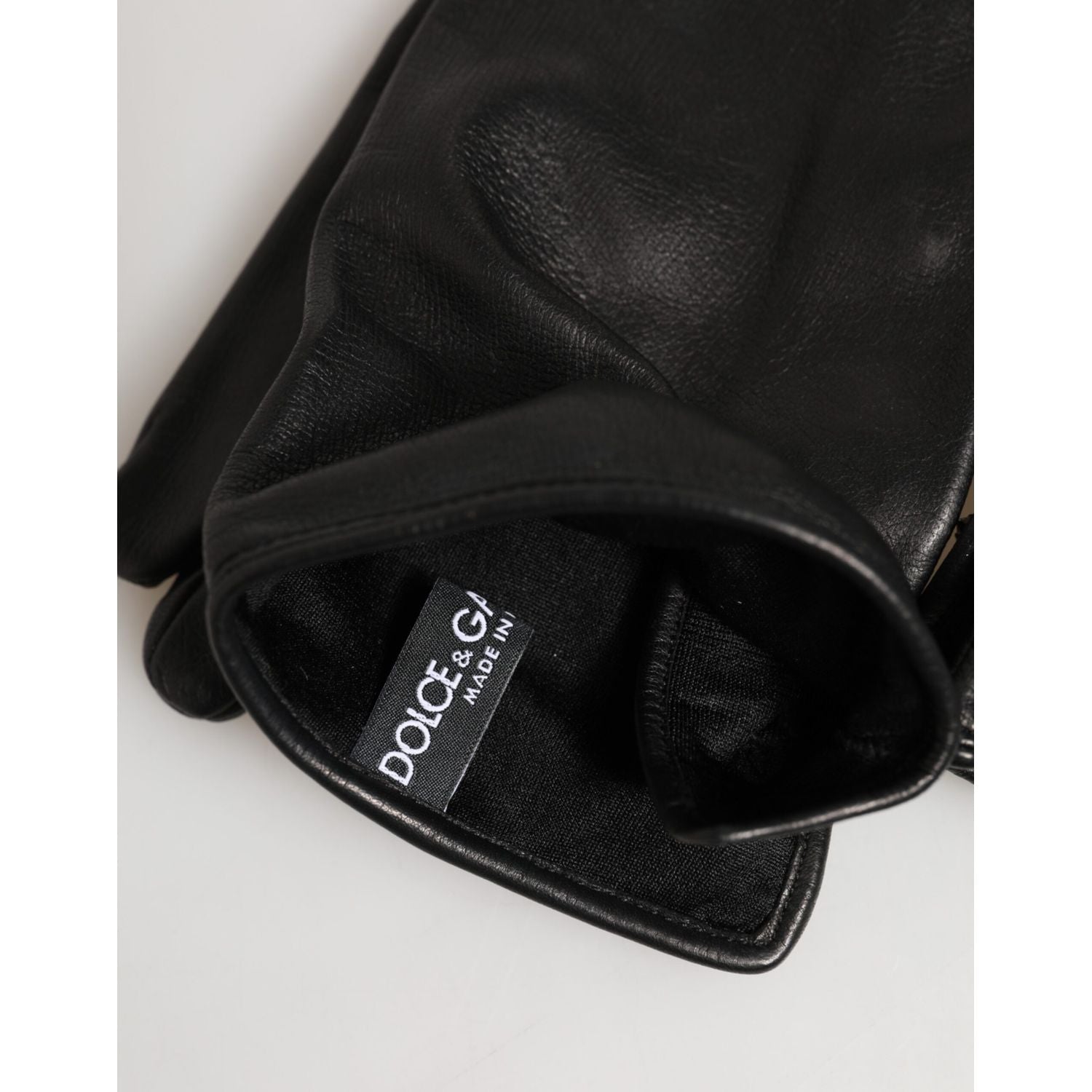 Dolce & Gabbana Black Leather Embellished Long Mitten Gloves