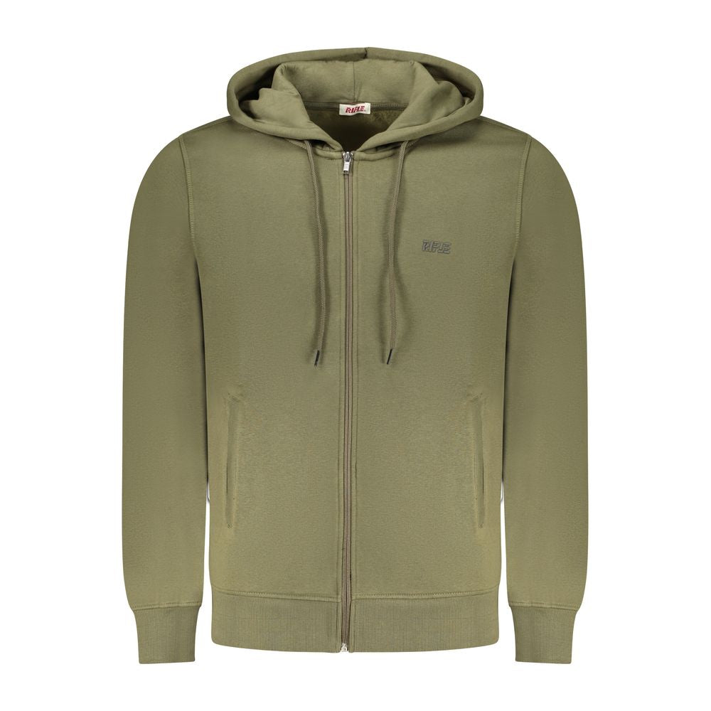Rifle Green Cotton Men Sweater with hood, zip closure, and embossed logo, featuring practical pockets for casual elegance.