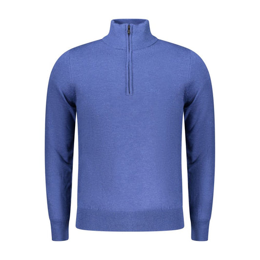 Rifle Blue Wool Men Sweater, luxurious half-zip knit with embroidered logo, perfect blend of wool, nylon, and polyester.