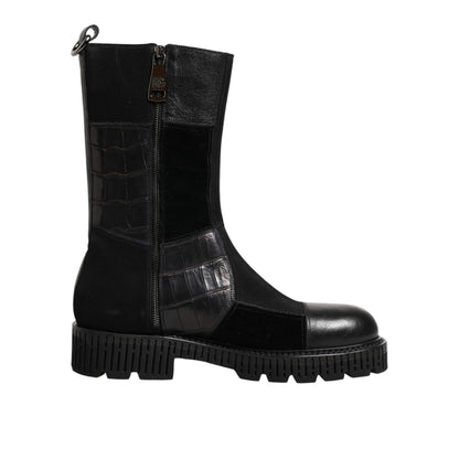 Dolce & Gabbana Black Patchwork Leather Mid Calf Boot Shoes