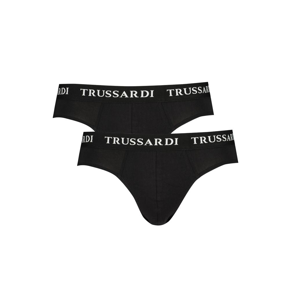 Trussardi Black Cotton Underwear with branded elastic waistband, bi-pack, featuring logo print.
