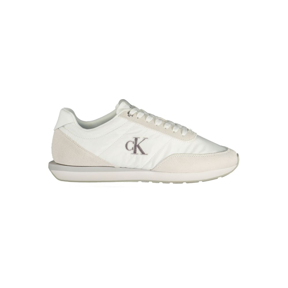 Calvin Klein White Polyester Men Sneaker with grey accents and embroidered logo, featuring a removable footbed for comfort.