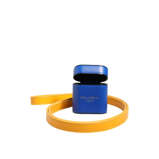 Dolce & Gabbana Blue Yellow Calfskin Leather Logo Strap Men Airpods Case