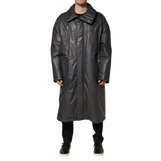 Dolce & Gabbana Black Leather Collared Trench Coat Jacket