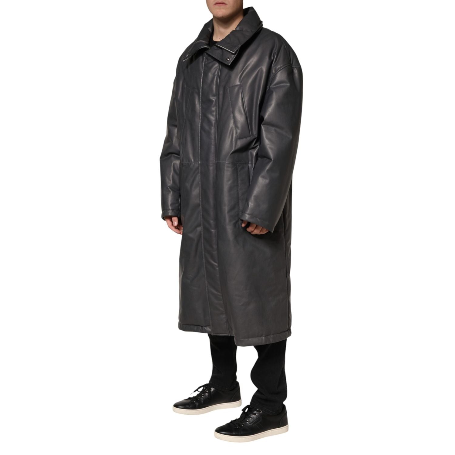 Dolce & Gabbana Black Leather Collared Trench Coat Jacket