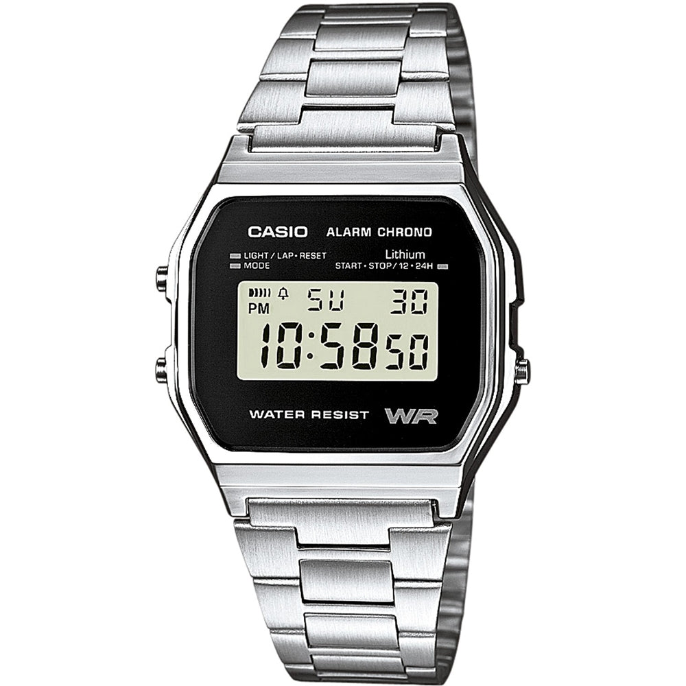 CASIO VINTAGE Mod. ICONIC - BLACK, unisex quartz wristwatch with metal strap and 33mm resin case, shown with multifunction display in official packaging.