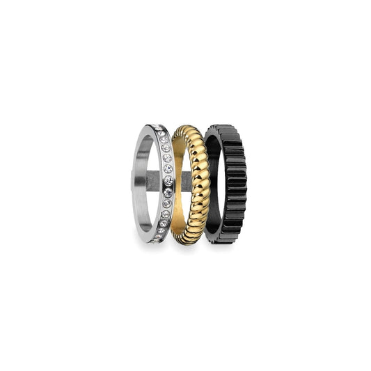 Three elegant rings from AN JEWELS JEWELRY Mod. AR.R3NS03SYK-9 in silver, gold, and black, showcased against a white background.