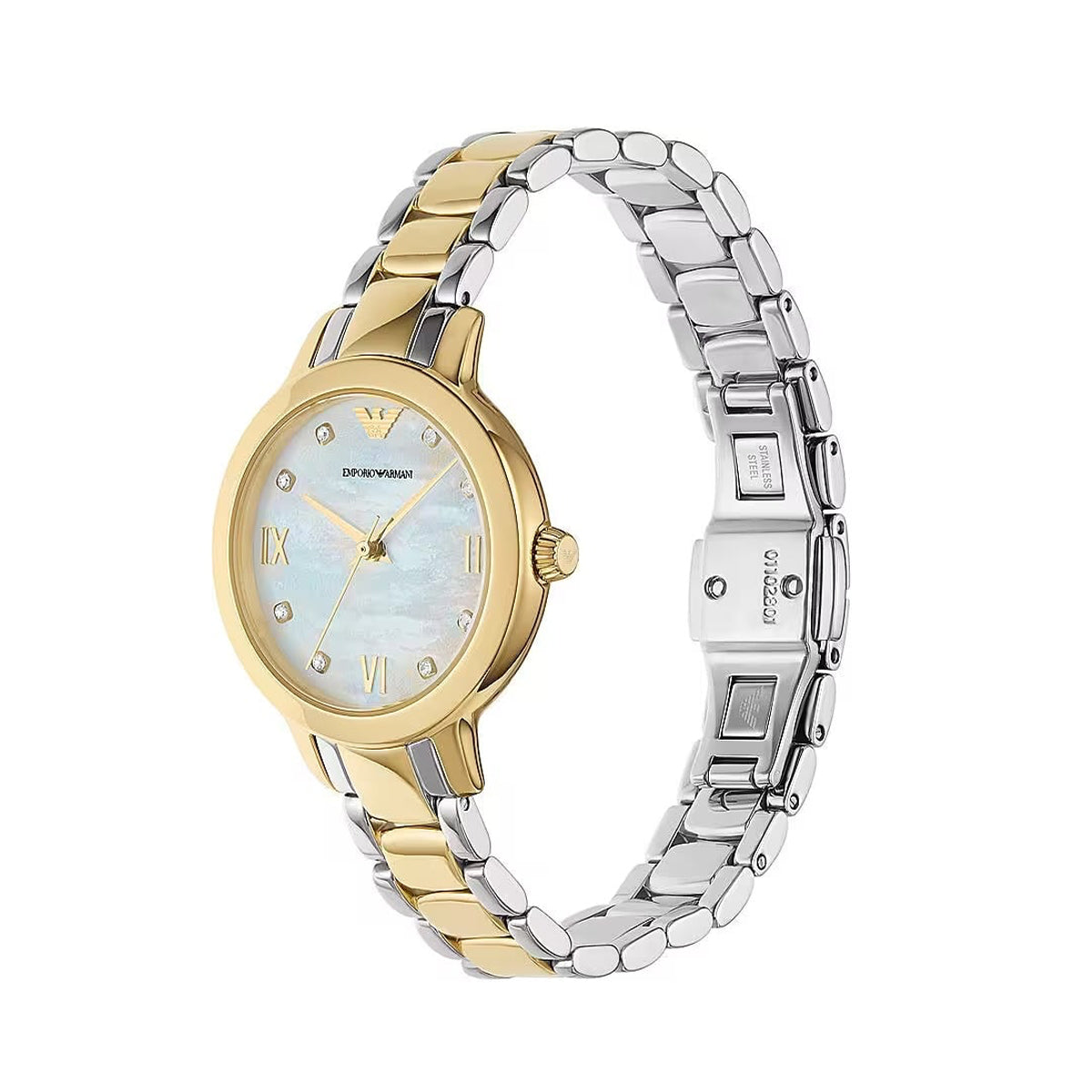 EMPORIO ARMANI Mod. MIA lady's wristwatch with stainless steel bracelet, mother of pearl dial, quartz movement, and official box packaging.