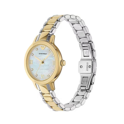 EMPORIO ARMANI Mod. MIA lady's wristwatch with stainless steel bracelet, mother of pearl dial, quartz movement, and official box packaging.