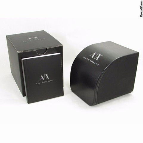 Official packaging for A|X ARMANI EXCHANGE Mod. HAMPTON wristwatch, featuring branded box and booklet.