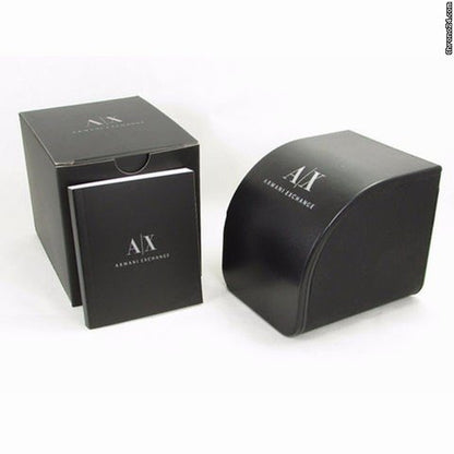 Official packaging for A|X ARMANI EXCHANGE Mod. HAMPTON wristwatch, featuring branded box and booklet.