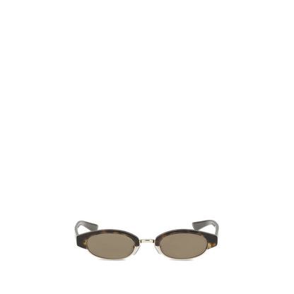 Alt Tag: Alexander McQueen Brown Acetate Sunglasses with narrow oval silhouette and semi-rimless frame, featuring McQueen logo on temples.