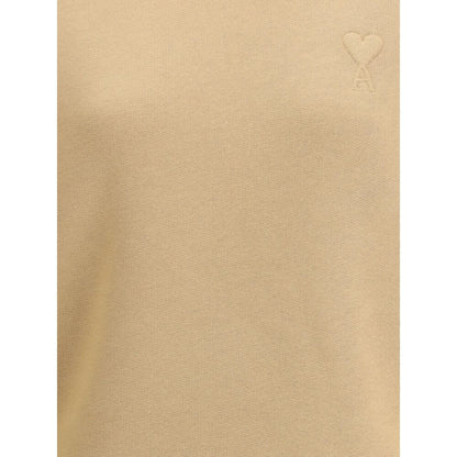 Ami Paris Beige Cotton Sweatshirt with embossed Ami de Coeur logo on chest, offering soft comfort and contemporary style for AW25 season.