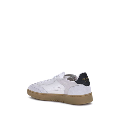 Side view of Axel Arigato White Calf Leather Bos Taurus Low Top Sneakers with gum sole and suede accents, showcasing contemporary style.