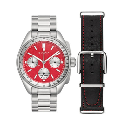 BULOVA WATCHES Mod. 96K115 with red dial and silver bracelet, includes an additional black leather strap.