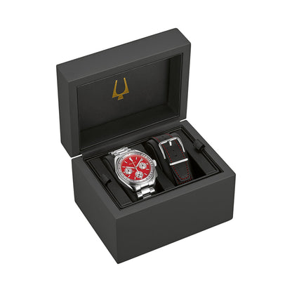 BULOVA WATCHES Mod. 96K115 displayed in a black box with an additional wristband, showcasing intricate design and craftsmanship.