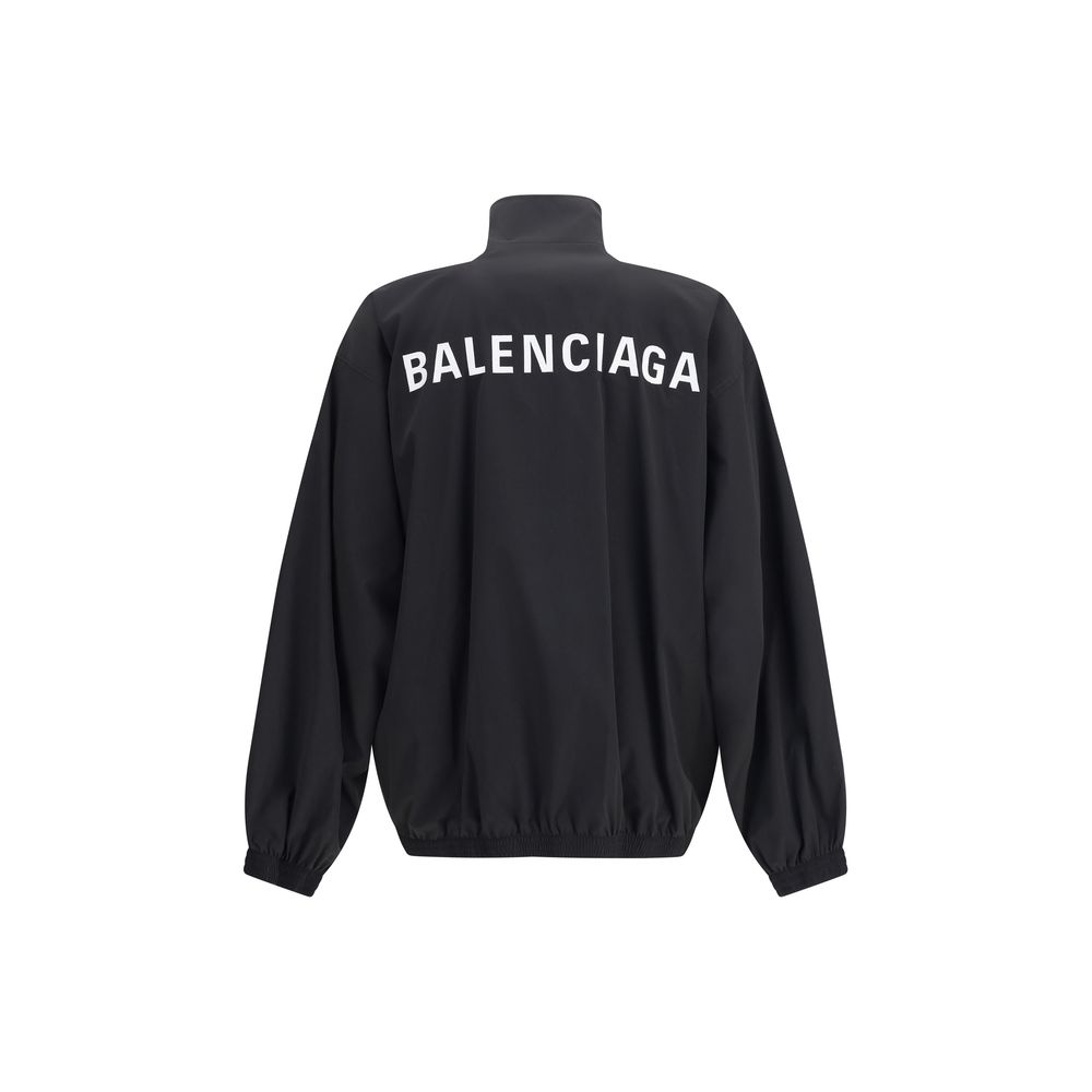 Back view of Balenciaga Black Polyester Shell Jacket with bold embroidery.