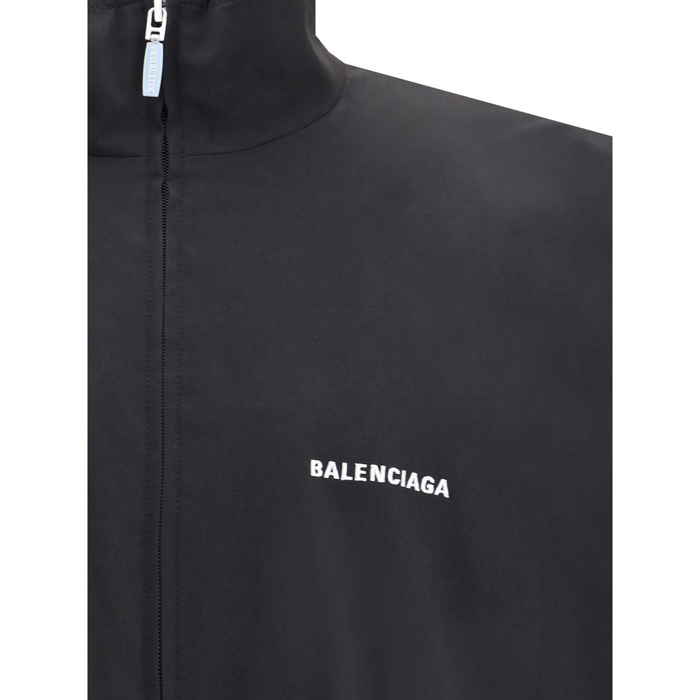 Balenciaga Black Polyester Shell Jacket with logo embroidery and high collar detail.