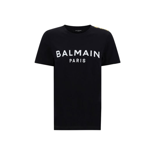 Balmain Black Cotton T-Shirt with iconic monogram and embossed buttons, featuring a ribbed crew neck for everyday comfort.