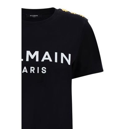 Balmain Black Cotton T-Shirt with monogram and embossed shoulder buttons