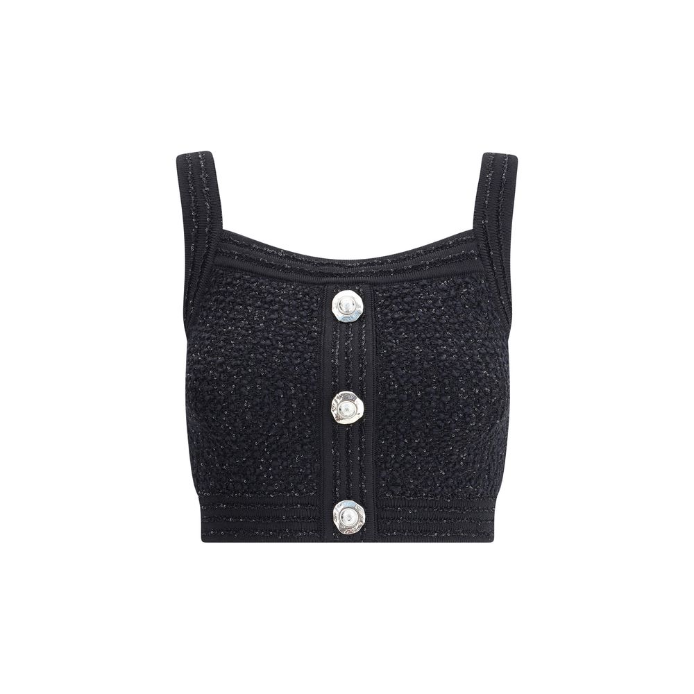 Balmain Black Polyamide Top with tweed fabric, square neckline, and embossed buttons.
