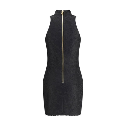 Balmain Black Viscose Cocktail Dress with baroque pattern, American collar, and gold back zipper. Slim fit perfect for evening elegance.