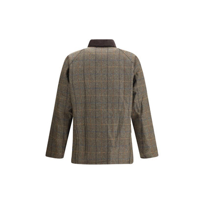 Back view of Barbour Green Wool Coat with check pattern and corduroy collar, showcasing timeless style and elegance for AW25 season.