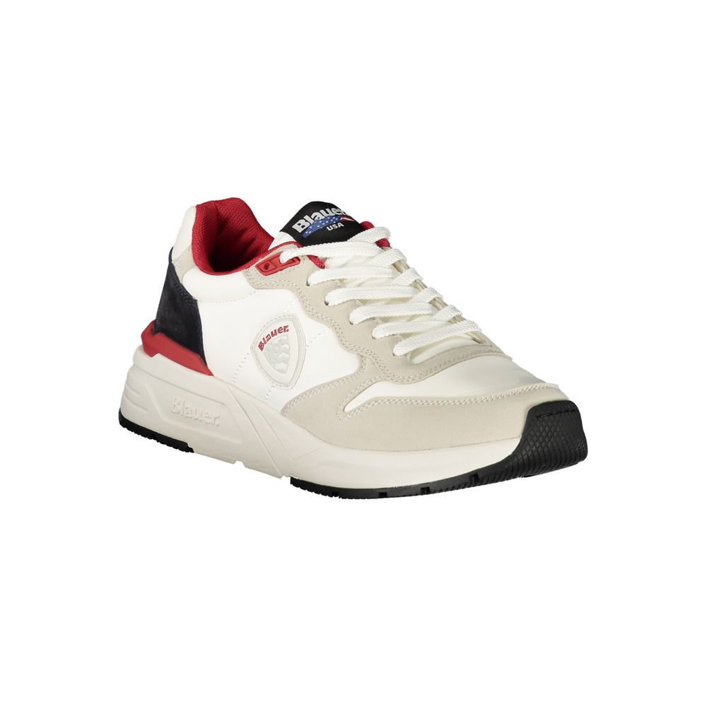 Blauer White Polyester Men Sneaker with red accents and logo, stylish sports footwear for the fashion-forward individual.