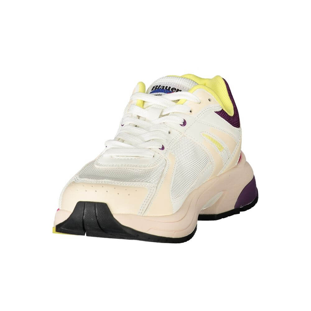 Blauer White Polyester Women Sneaker with vibrant colors and removable insole for comfort in purple, pink, and yellow accents.