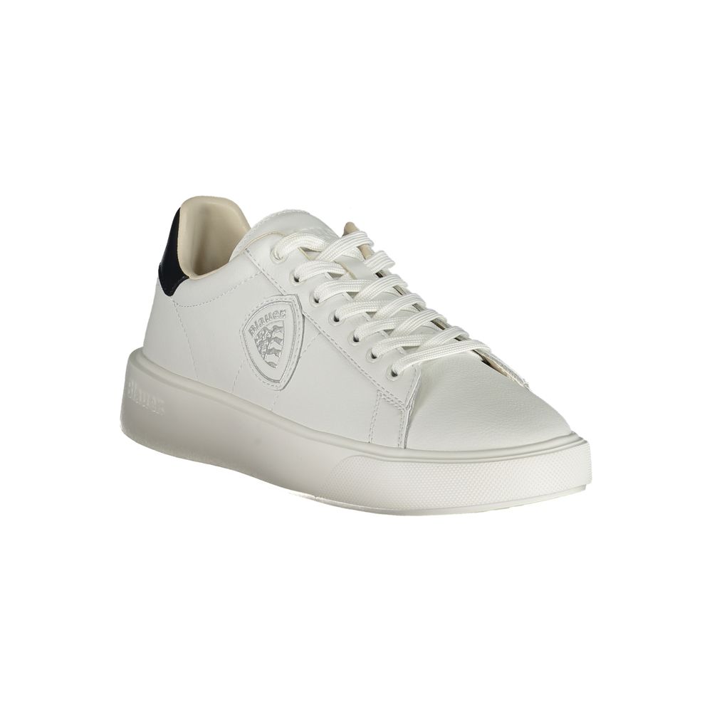 Blauer White Polyethylene Men Sneaker with stylish blue contrasts and leather-polyester blend, showcasing contemporary design.