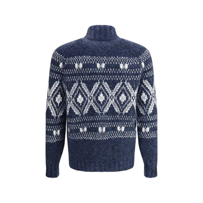 Brunello Cucinelli Blue Alpaca Vicugna Pacos Cardigan with geometric knit design and high collar, rear view.