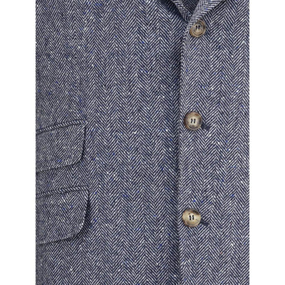 Close-up of Brunello Cucinelli Blue Wool Blazer showcasing herringbone pattern and button details