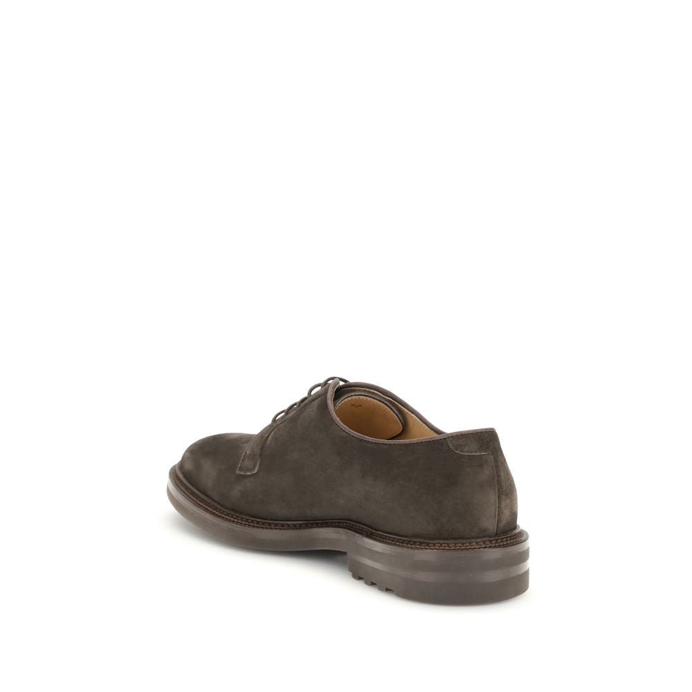 Brunello Cucinelli Brown Calf Leather Bos Taurus Oxfords And Derbies back view with soft suede design and leather sole.
