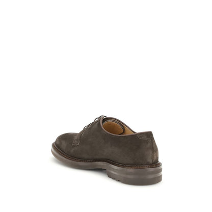Brunello Cucinelli Brown Calf Leather Bos Taurus Oxfords And Derbies back view with soft suede design and leather sole.