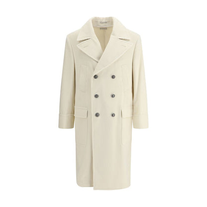 Brunello Cucinelli Cream Cashmere Coat with ribbed texture and metal button closure, featuring welt and patch pockets, classic lapel collar.