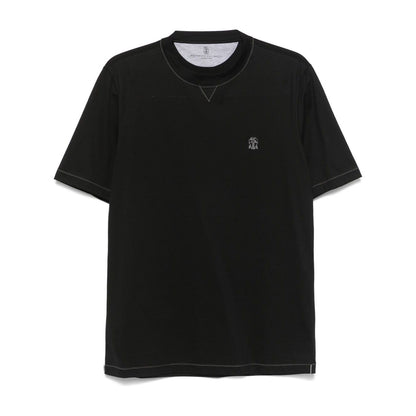 Brunello Cucinelli Crew neck T-shirt in cotton jersey with logo and faux layering