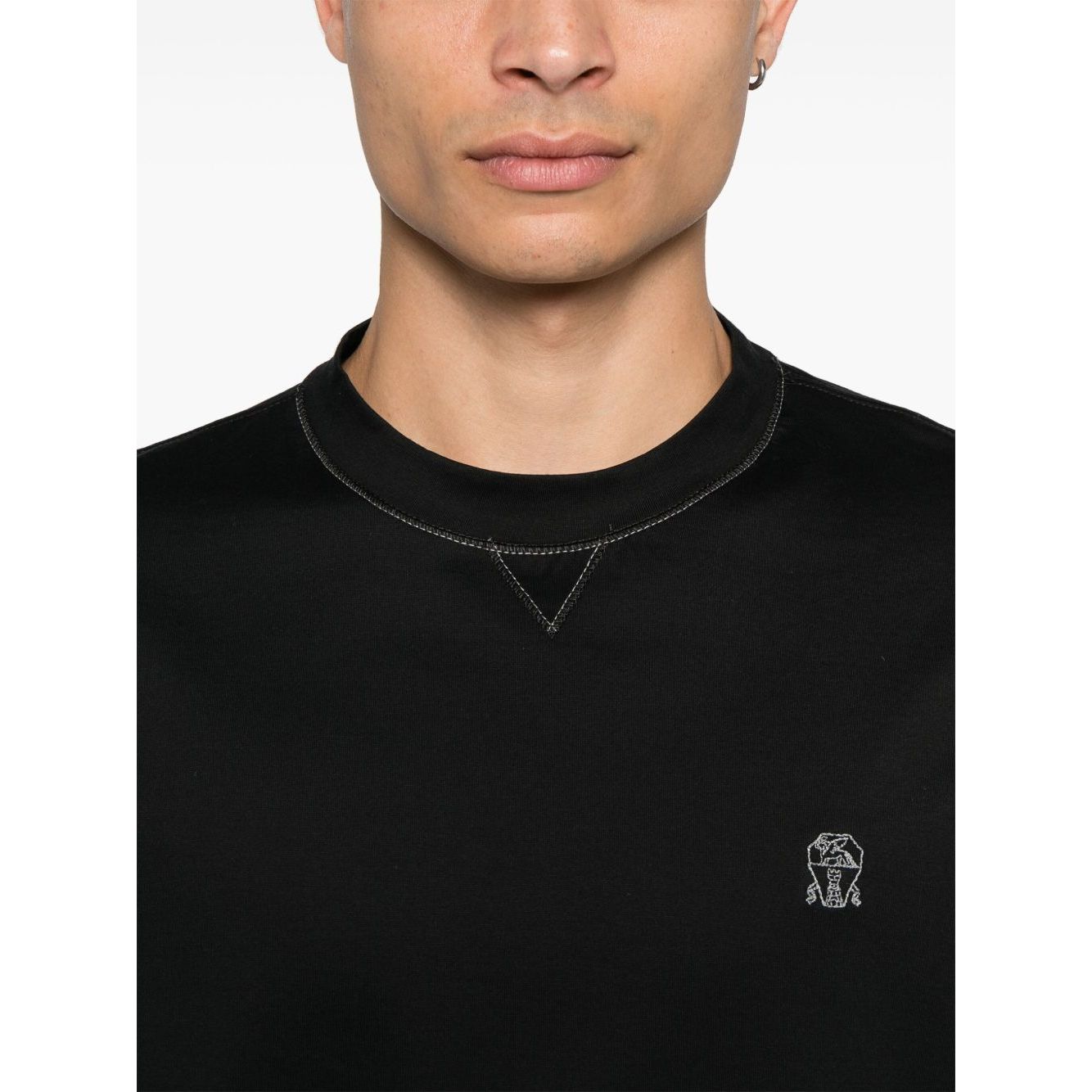 Brunello Cucinelli Crew neck T-shirt in cotton jersey with logo and faux layering