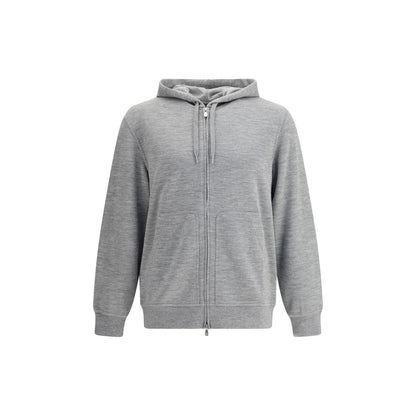 Brunello Cucinelli Gray Cashmere Sweatshirt with adjustable hood, double-slider zipper, and ribbed cuffs for a comfortable fit.