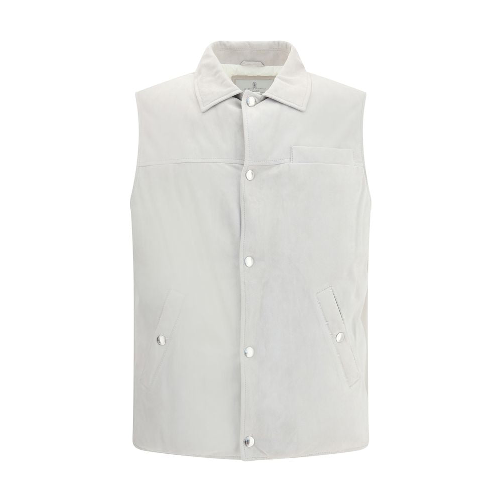 Brunello Cucinelli Gray Leather Jacket with snap-button closure and shirt-style collar, featuring practical pockets for elegant functionality.