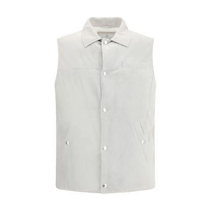 Brunello Cucinelli Gray Leather Jacket with snap-button closure and shirt-style collar, featuring practical pockets for elegant functionality.